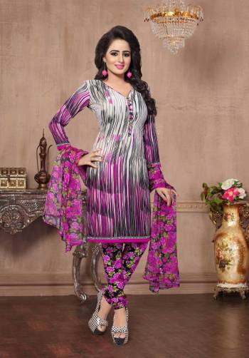 For Your Casual Wear, Grab This Dress Material In white and Purple Color Paired With Purple Colored Bottom And Dupatta. Its Top and Bottom Are Fabricated On American Crepe Paired With Chiffon Dupatta. It Is Light Weight And Easy To Carry All Day Long.