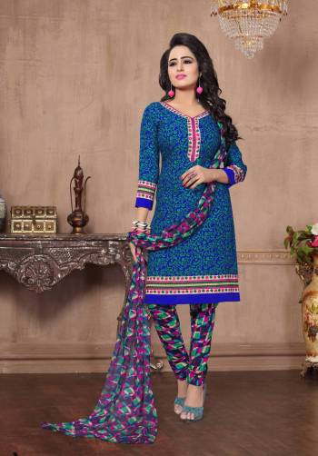 Grab This Pretty Casual Suit In Blue Colored Top Paired With Multi Colored Bottom And Dupatta. Its Top And Bottom Are Fabricated On American Crepe Paired With Chiffon Dupatta. Both The Fabrics Ensures Superb Comfort All Day Long. Buy Now.