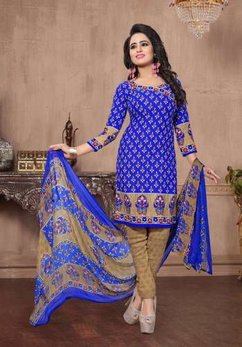 Shine Bright Wearing This Casual Suit In Blue Colored Top Paired With Beige Colored Bottom And Blue And Beige Colored Dupatta. Its Top And Bottom Are Fabricated American Crepe Paired With Chiffon Dupatta. Buy this Dress Material Now.