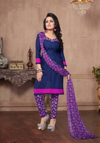 Grab this Lovely Dress Material In Navy blue Colored Top Paired With Pink And Blue Colored Bottom And Dupatta. Its Top And Bottom Are Fabricated On American Crepe Paired With Chiffon Dupatta. Both Its Fabrics Are Soft Towards Skin And Easy To carry All Day Long.