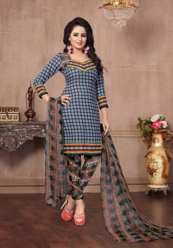 Enhance Your Beauty Wearing This Dress Material In Grey Colored Top Paired With Multi Colored Bottom And Dupatta. Its Top And Bottom Are Fabricated On American Crepe Paired With Chiffon Dupatta. Buy This Suit Now.