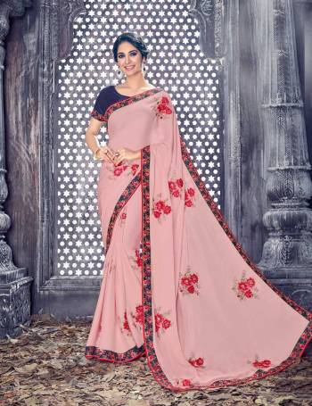 Look Pretty Wearing This Saree In Pink Color Paired With Contrasting Navy Blue Colored Blouse. This Saree Is Fabricated On Chiffon Georgette Beautified With Thread Work Paired With Art Silk Fabricated Blouse. Buy This Designer Saree Now.