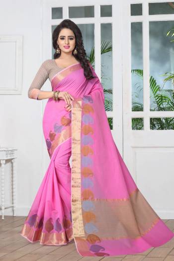 Look Pretty wearing This Saree In Pink Color Paired With Beige Colored Blouse. This Saree And Blouse Are Fabricated On Banarasi Art Silk. It Is Light Weight, Durable And Easy To Carry All Day Long.