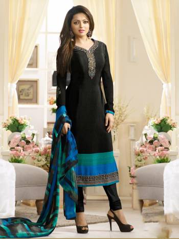 Enhance Your Beauty Wearing This Straight Cut Suit In Black Color Paired With Black Colored Bottom And Blue And Black Dupatta. Its Top Is Fabricated On Crepe Paired With Satin Silk Bottom And Chiffon Dupatta. 