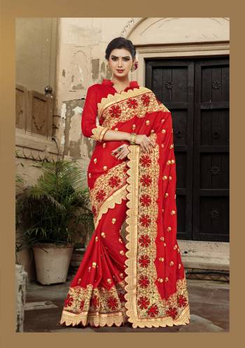 Look Attractive Wearing This Beautiful Designer Red Colored Saree Paired With Red Colored Blouse. This Saree Is Fabricated On Georgette Paired With Art Silk Fabricated Blouse. It Is Beautified With Heavy Embroidery Over Its Broad Border. Buy This Saree Now.