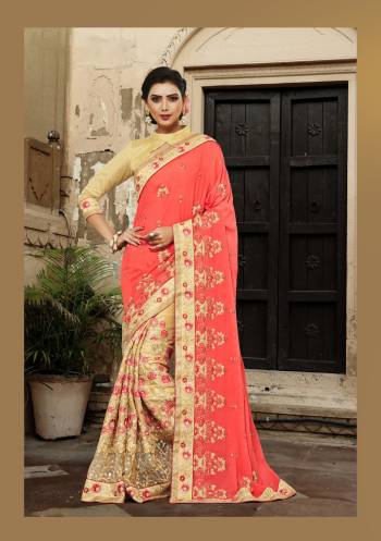 Bright And Subtle Are The Best Combination To Wear, Grab This Designer Saree In Orange And Beige Color Paired With Beige Colored Blouse. It Is Fabricated On Chiffon And Art Silk Paired With Art Silk Fabricated Blouse. It Is Beautified With Attractive Embroidery All Over The Saree. 