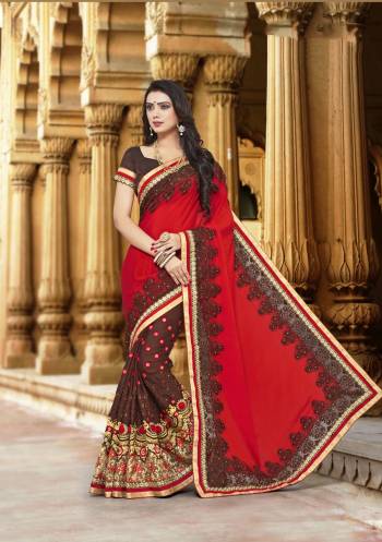 This Wedding Season, Look The Most Attractive Of All Wearing This Saree In Red And Brown Color Paired With Brown Colored Blouse. This Saree Is Fabricated On Georgette Paired With Art Silk Fabricated Blouse. It Is Beautified With Thread And Jari Embroidery. Buy This Saree Now.