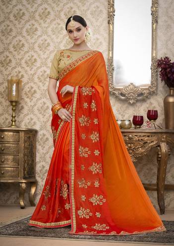 Orange Color Induces Perfect Summery Appeal To Any Outfit, So Grab This Orange Colored Shaded Saree Paired With Beige Colored Blouse. This Saree Is Fabricated On Chiffon Paired With Art Silk Fabricated Blouse. It Has Beautiful Embroidery Over The Saree And Blouse. Buy This Designer Saree Now.