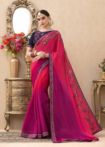 Look Pretty Wearing This Shaded Saree In Pink And Purple Color Paired With Navy Blue Colored Blouse. This Saree Is Fabricated On Chiffon Paired With Art Silk Fabricated Blouse. Both Its Fabrics Ensures Superb Comfort All Day Long. Buy Now.