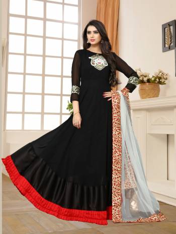 Enhance Your Beauty Wearing This Designer Floor Length Suit In Black Color Paired With Black Colored Bottom And Grey Dupatta. Its Top Is Fabricated On Georgette Paired With Santoon Bottom And Net Dupatta.   This Suit Is Light In Weight And Ensures Superb Comfort All Day Long.