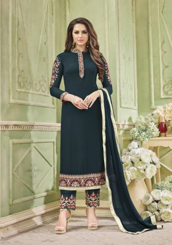 Beautiful New Shade Is Here With This Designer Straight Cut Suit In Prussian Blue Color Paired With Prussian Blue Colored Bottom And Dupatta. Its Top Is Fabricated On Georgette Paired With Santoon Bottom And Chiffon Dupatta. This Suit Will Definitely Earn You Lots Of Compliments From Onlookers. Buy Now. 