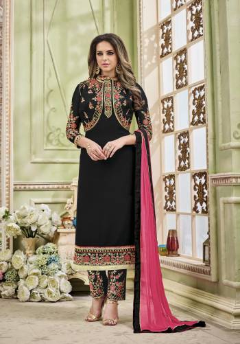 Enhance Your Beauty Wearing This Designe Straight Cut Black Colored Suit Paired With Black Colored Bottom And Pink Colored Dupatta. Its Top Is Fabricated On Georgette Paired With Santoon Bottom And Chiffon Dupatta. Buy It Now. 