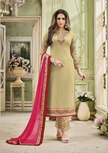 Simple And Elegant Looking Straight Cut Suit Is Here In Beige Color Paired With Beige Colored Bottom And Pink Colored Dupatta. Its Top Is Fabricated On Georgette Paired With Santoon Bottom And Chiffon Dupatta. Its All Three Fabrics Ensures Superb Comfort All Day Long. Buy Now.