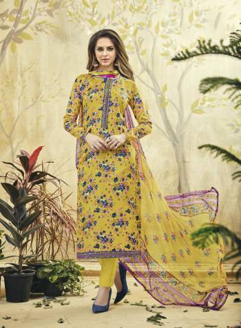 Yellow Color Induces Perfect Summery Appeal To Any Outfit. So Grab This Floral Printed Dress Material In Yellow Colored Top Paired With Yellow Colored Bottom And Dupatta. Its Top and Bottom Are Fabricated On Cotton Paired With Chiffon Dupatta. Get This Dress Material Stitched As Per Your Desired Fit And Comfort.