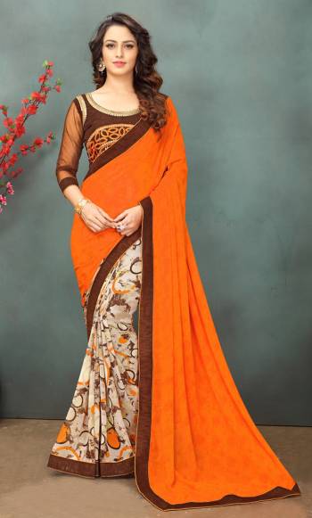 Shine Bright Wearing This Saree In Attractive Orange And Off-White Color Paired With Brown Colored Blouse. This Saree Is Fabricated On Georgette Paired With Art Silk And Net Fabricated Blouse. Buy This Saree Now.