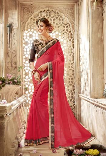 Look Pretty Wearing This Saree In Pink Color Paired With Contrasting Brown Colored Blouse. This Saree Is Fabricated On Georgette Paired With Art Silk Fabricated Blouse. It Is Beautified With Embroidered Lace Border And Blouse. Buy Now.