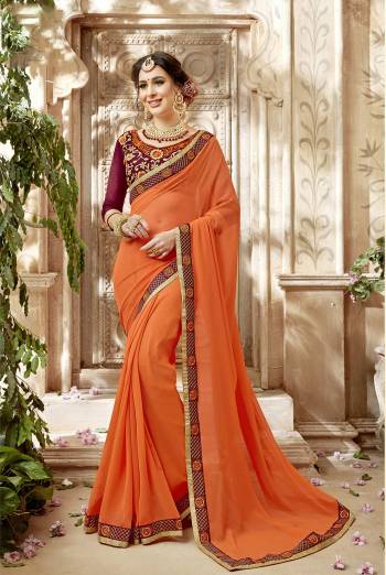 Shine Bright Wearing This Saree In Orange Color Paired With Contrasting Magenta Pink Colored Blouse. This Saree Is Fabricated On Georgette Paired With Art Silk Fabricated Blouse. This Saree Ensures Superb Comfort All Day Long. Buy Now.