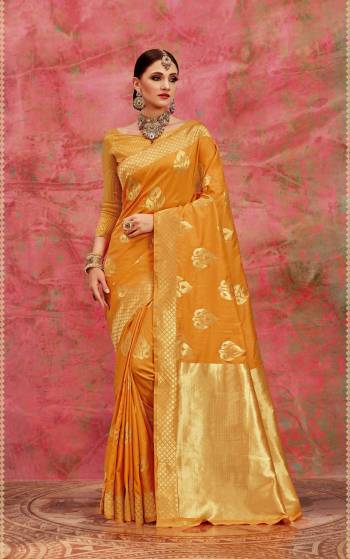 Earn Lots Of Compliments Wearing This Saree In Musturd Yellow Color Paired With Musturd Yellow Colored Blouse. This Saree And Blouse Are Fabricated On Banarasi Art Silk. It Is Durable And Rich Fabric That Gives A Beautiful Look To Your personality.