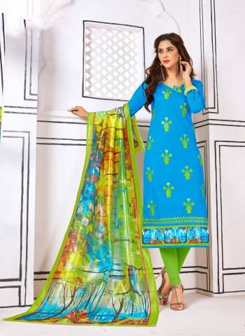 If Those Readymade Suit Does Not Lend You The Desired Comfort Than Grab This Dress Material In Turquoise Blue Colored Top Paired With Green Colored Bottom And Multi Colored Dupatta. Its Top And Bottom Are Fabricated On Cotton Paired With Cotton Silk Dupatta. It Is Beautified With Digital Print And Embroidery. Get This Stitched As Per Your Desired Fit And Comfort.