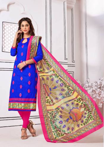 Shine Bright Wearing This Saree In Royal Blue Color Paired With Contrasting Pink Colored Bottom And Multi Colored Dupatta. Its Top And Bottom Are Fabricated On Cotton Paired With Cotton Silk Dupatta. All Three Fabrics Are Light Weight and Easy To Carry All Day Long. Buy This Dress Material Now.