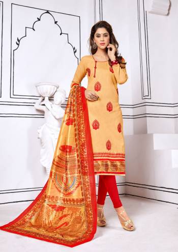 Simple and Elegant Looking Dress Material Is Here In Beige Colored Top Paired With Red Colored Bottom And Red And Beige Colored Dupatta. Its Top And Bottom Are Fabricated On Cotton Paired With Cotton Silk Digital Printed Dupatta. 