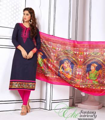 For Your Casual Wear, Grab This Dress Material In Navy Blue Colored Top Paired With Pink Colored Bottom And Multi Colored Dupatta. Its Top and Bottom Are Fabricated On Cotton Paired With Cotton Silk Digital Printed Dupatta. Get This Stitched As per Your Desired Fit And Comfort.