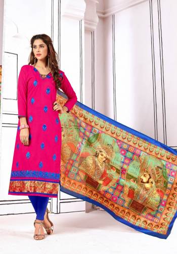 Bright And Visuallt Appealing Color Is Here With This Dress Material In Dark Pink Colored Top Paired With Royal Blue Colored Bottom And Multi Colored Dupatta. Its Top And Bottom Are Fabricated On Cotton Paired With Cotton Silk Dupatta. This Suit Is Light Weight And Easy To All Day Long.