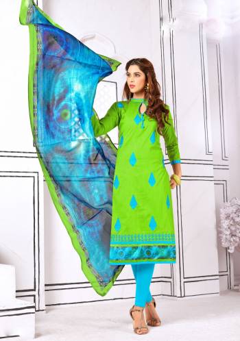 Green Color Always Gives A Fresh Look Everytime You Wear It, So Grab This Suit In Green Colored Top Paired With Turquoise Blue Colored Bottom And Blue Colored Dupatta. This Dress Material Is Fabricated On Cotton Paired With Cotton Silk Dupatta. Buy It Now.