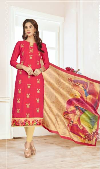 Look Pretty In This Dress Material In Pink Colored Top Paired With Beige Colored Bottom And Dupatta. Its Top And Bottom Are Fabricated On Cotton Paired With Cotton Silk Dupatta. It Is Beautified With Digital Print And Thread Work. Buy Now.