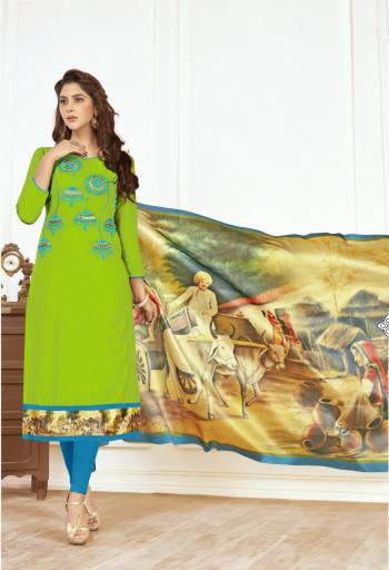 Color That Always Make You Look Fresh Is Here In Green Color Paired With Contrasting Sky Blue Colored Bottom And Multi Colored Dupatta. Its Top And Bottom Are Fabricated On Cotton Paired With Cotton Silk Fabricated Dupatta Beautified With Digital Prints And Thread Work Over The Top.