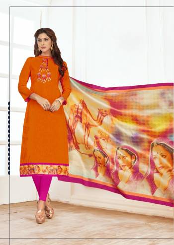 Shine Bright Wearing This Dress Material In Orange Colored Top Paired With Contrasting Rani Pink Colored Bottom And Multi Colored Dupatta. Its Top And Bottom Are Fabricated On Cotton Paired With Cotton Silk Dupatta. It Ensures Superb Comfort All Day Long.