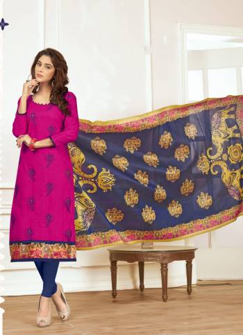 Bright And Visually Appealing Suit Is Here With This Dress Material In Dark Pink Colored Top Paired With Contrasting Blue Colored Bottom And Dupatta. Its Top And Bottom Are Fabricated On Cotton Paired With Cotton Silk Dupatta. Its All Fabrics Ensures Superb Comfort All Day Long. 