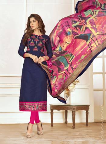 If Those Readymade Suit Does Not Lend You The Desired Comfort Than Grab This Dress Material In Blue Colored Top Paired With Pink Colored Bottom And Dupatta. Its Top And Bottom Are Fabricated On Cotton Paired With Cotton Silk Dupatta. It Is Beautified With Thread Work And Digital Prints. Get This Stitched As Per Your Desired Fit And Comfort.