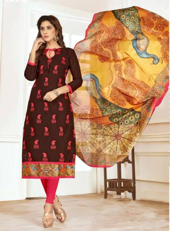 Perfect Suit For Your Casual wear Is Here In Brown Colored Top Paired With Contrasting Pink Colored Bottom And Multi Colored Dupatta. Its Top and Bottom Are Fabricated On Cotton Paired With Cotton Silk Dupatta. Buy This Dress Material Now.