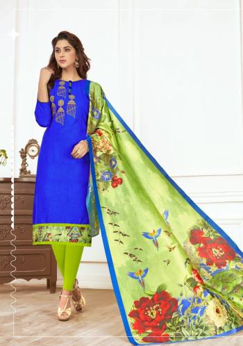 Attract All Wearing This Attractive Dress Material In Royal Blue Color Paired With Contrasting Light Green Colored Bottom and Dupatta. Its Top And Bottom Are Fabricated On Cotton Paired With Cotton Silk Dupatta. Its Has Floral Print Over The Dupatta And Thread On Top.