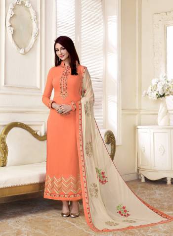 Look Pretty Wearing This Designer Straight Cut Suit In Peach Color Paired With Peach Colored Bottom And Off-White Colored Dupatta. Its Top Is Fabricated On Georgette Paired With Santoon Bottom And Chiffon Dupatta. It Is Beautified With Embroidery Over The Top And Dupatta. Buy It Now.