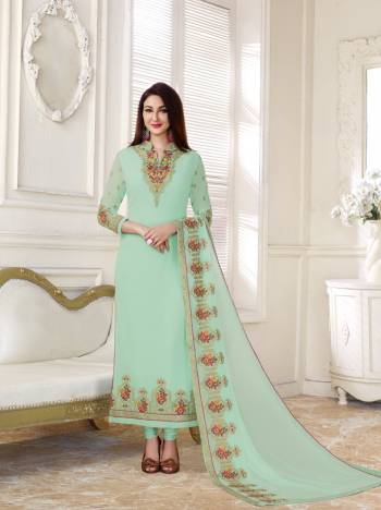 Add This Lovely Straight Cut Suit To Your Wardrobe In Sea Green Color Paired With Sea Green Colored Bottom And Dupatta. Its Top Is Fabricated On Georgette Paired With Santoon Bottom And Chiffon Dupatta. Its All Three Fabrics Ensures Superb Comfort All Day Long. 