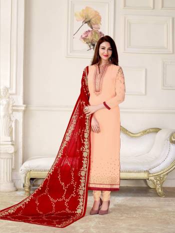 Grab This Pretty Shade In Peach With This Dark Peach Colored Designer Straight Cut Suit Paired With Dark Peach Colored Bottom And Red Colored Dupatta. Its Top Is Fabricated On Georgette Paired With Santoon Bottom And Chiffon Dupatta. It Is Beautified With Contrasting Embroidery Making The Suit Attractive. Buy Now.