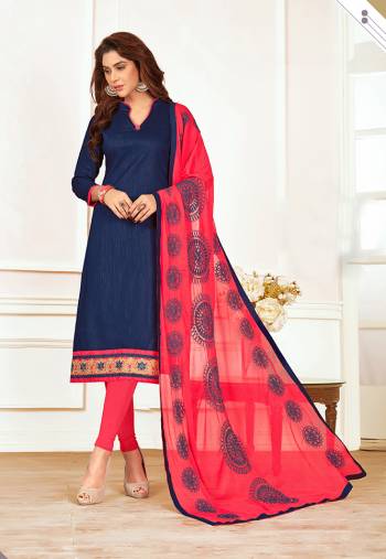 Grab This Lovely Dress Material In Navy Blue Colored Top Paired With Contrasting Dark Pink Colored Bottom And Dupatta. Its Top And Bottom Are Fabricated On Cotton Paired With Chiffon Dupatta. Buy This Semi-Casual Wear Suit Now.