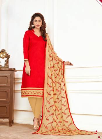 Beautiful Combination Is Here With This Attractive Red Colored Top Paired With Beige Colored Bottom And Dupatta. Its Top And Bottom Are Fabricated On Cotton Paired With Chiffon Dupatta. Both Its Fabrics Ensures Superb Comfort All Day Long. Buy This Suit Now.