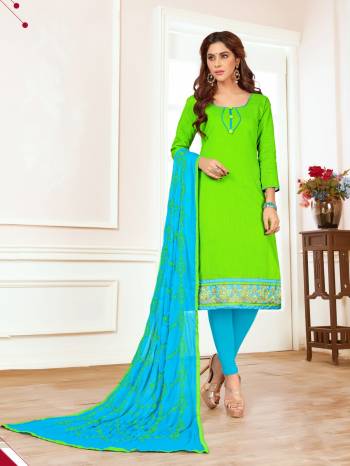 Attract All Wearing This Dress Material In Light Green Colored Top Paired With Contrasting Sky Blue Colored Bottom And Dupatta. Its Top And Bottom Are Fabricated On Cotton Paired With Chiffon Dupatta. Buy This Dress Material Now. Buy Now.