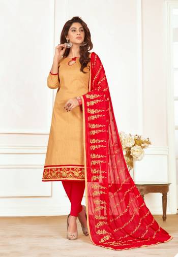 Simple And Elegant Looking Dress Material Is Here In Beige Colored Top Paired With Red Colored Bottom And Dupatta. Its Top And Bottom Are Fabricated On Cotton Paired With Chiffon Dupatta. It Is Light Weight Which Is Perfect For Your Casual Wear.