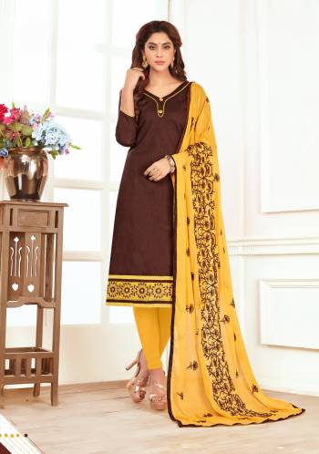 Earn Lots Of Compliments Wearing This Suit In Brown Colored Top Paired With Contrasting Yellow Colored Bottom And Dupatta. Its Top And Bottom Are Fabricated On Cotton Paired With Chiffon Dupatta. Get This Dress Material Stiitched As Per Your Desired Fit And Comfort.