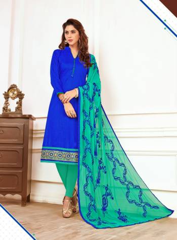 Shine Bright Wearing This Dress Material In Royal Blue Colored Top Paired With Contrasting Green Sea Green Colored Bottom And Dupatta. Its Top And Bottom Are Fabricated On Cotton Paired With Chiffon Dupatta. Buy This Dress Material Now.