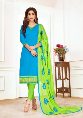 Look Pretty Wearing This Straight Suit In Sky Blue Colored Top Paired With Contrasting Light Green Colored Bottom And Dupatta. Its Top And Bottom Are Fabricated On Cotton Paired With Chiffon Dupatta. Its Pretty Combination will Earn You Lots Of Compliments From Onlookers. Buy This Dress Material Now.