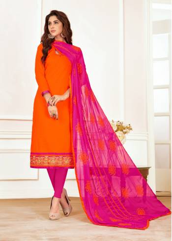 Bright And Visually Appealing Color Is Here With This Dress Material In Orange Colored Top Paired With Contrasting Dark Pink Colored Bottom And Dupatta. Its Top And Bottom Are Fabricated On Cotton Paired With Chiffon Dupatta. Buy It Now.