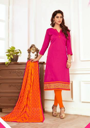 Attract All With This Dress Material In Dark Pink colored Top Paired With Contrasting Orange Colored Bottom And Dupatta. Its Top And Bottom Are Fabricated On Cotton Paired With Chiffon Dupatta. Both Its Fabrics Ensures Superb Comfort All Day Long. Buy Now.