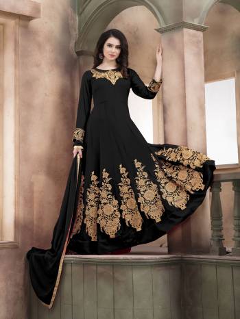 Enhance Your Beauty Wearing This Designer Floor Length Suit In Black Color Paired With Black Colored Bottom And Dupatta. Its Top Is Fabricated On Georgette Paired With Santoon Bottom And Chiffon Dupatta. All Three Fabrics Ensures Superb Comfort All Day Long.