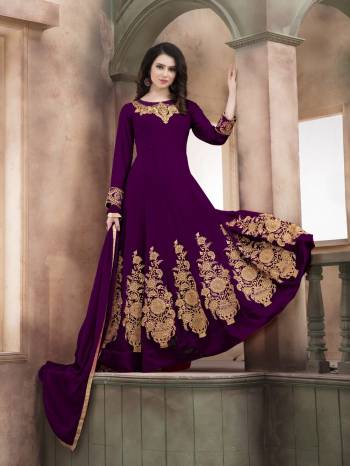 Quite Demanding Color Is Here with This Designer Floor Length Suit In Purple Color Paired With Purple Colored Bottom And Dupatta. Its Top Is Fabricated On Georgette Paired With Santoon Bottom And Chiffon Dupatta.