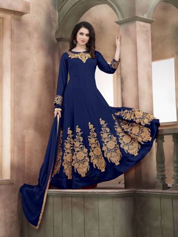 Add This Blue Colored Designer Floor Length Suit To Your Wardrobe Paired With Blue Colored Bottom And Dupatta. Its Top Is Fabricated On Georgette Paired With Santoon Bottom And Chiffon Dupatta. It Is Light Weight And Easy To Carry All Day Long.